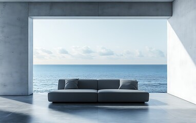Modern gray sofa in minimalist concrete room with ocean view.
