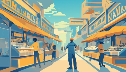 People walking on the street in the evening, vector illustration. Street food market.