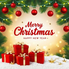 Christmas scene festive decorations include red baubles pine branches gold beads candy cane Merry Christmas text Happy New Year text