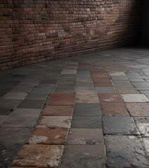 Fototapeta premium close-up of a tile floor in a darkened room with brick wall, dark, close up