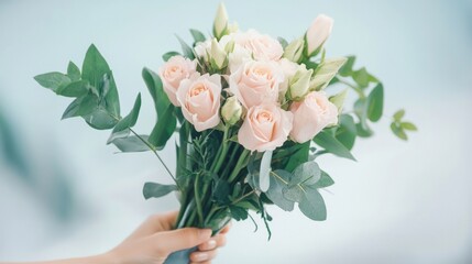 Elegant bouquet of pink roses and greenery for Valentine's Day celebration conveying love and affection