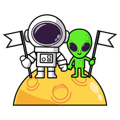 Cartoon Astronaut with Alien on a Moon