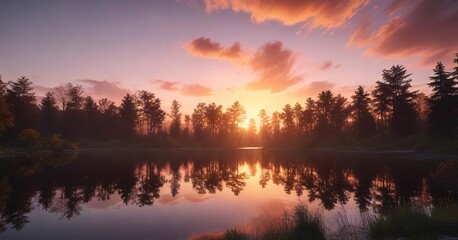 Obraz premium Colorful sunset over a lake with trees silhouetted in the foreground, silhouette, dusk