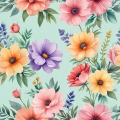 Colorful watercolor flowers on a pastel background, spring, floral, illustration