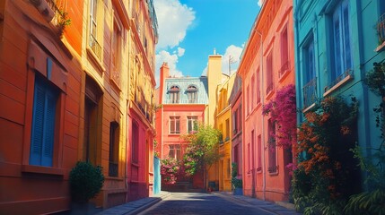 Obraz premium Vibrant Parisian Street: Colorful Buildings and Charming Architecture