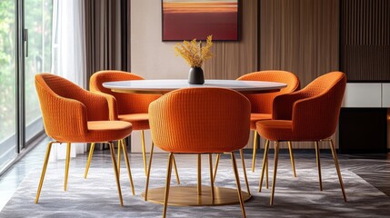 Modern dining room with orange chairs and round table.