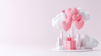 Heart-shaped balloons and gift box create a romantic atmosphere for Valentine’s Day celebration