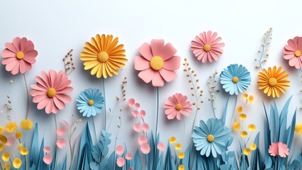 Bright paper flowers on a white backdrop