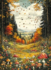 Autumn forest mushrooms scene