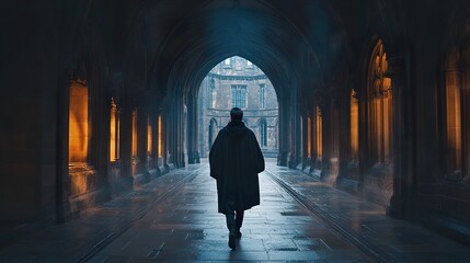 A solitary figure walks through a gothic castle hallway