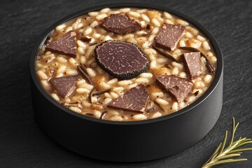 Black truffle risotto recipe.  Autumn creamy consistency risotto in stylish black dish on the black background. Dark autumn or winter mood in the style of the Chef's table