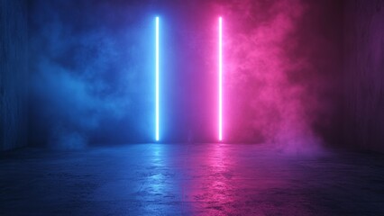 Colorful neon lights create dramatic ambiance in a foggy room