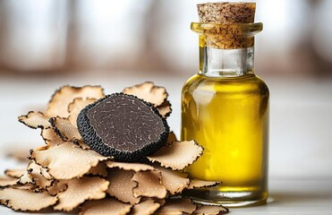 Delicacy mushroom black truffle with olive oil bottle on a light background , isolated on white background,  , copy space, copy space for text,