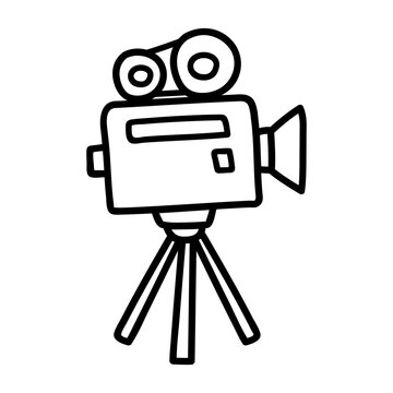 recommend clip art: Video camera recorder standing on a tripod. Thin line illustration