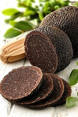 Black truffles, slices and wooden truffle slicer on white, clipping path , isolated on white background,  , copy space, copy space for text,