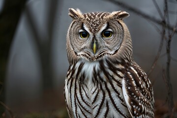 Obraz premium Detailed Portrait of a Barred Owl in a Dark Nature Setting