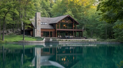 Fototapeta premium Modern cabin by a serene lake surrounded by lush trees, reflecting nature's beauty.