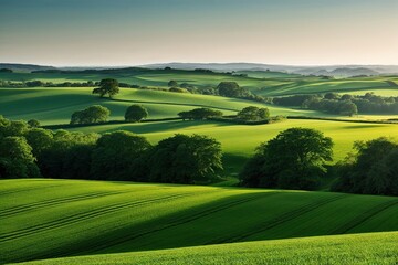 Fototapeta premium Breathtaking Emerald Landscape Featuring Silhouette Fields and Vibrant Nature Views