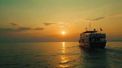 Obraz premium ferry ship, ocean sunrise, horizon glow, tranquil voyage