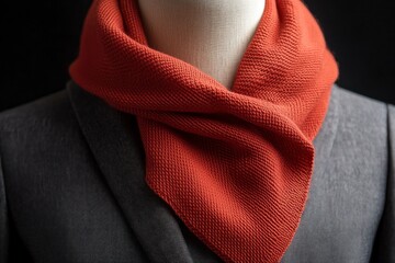 Knitted rust scarf draped on a gray jacket.