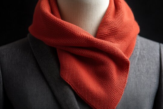 Knitted rust scarf draped on a gray jacket.