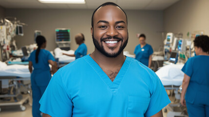 Fototapeta premium Smiling doctor in scrubs with stethoscope in a hospital setting 