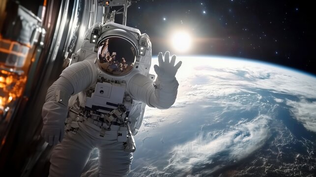 A Young Astronaut Posing in a Space Suit During a Spacewalk Outside a Spaceship, Satellite,  Station, Earth Background. Spaceman Looking at Camera, Smiling, and Waving Hello Next to an Entrance Hatch.