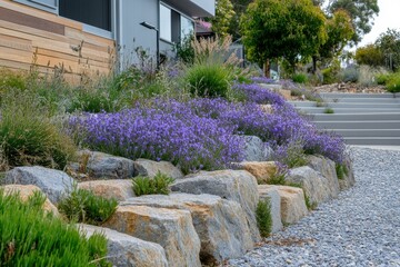Obraz premium Purple flowers bloom vibrantly amidst grey rocks and gravel. Ideal for landscaping, garden, and architectural design websites.