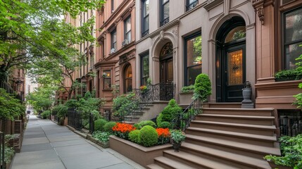 Fototapeta premium A charming urban street with brownstone house, home and lush greenery.