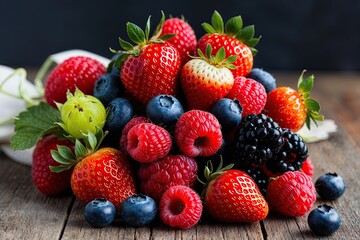 Obraz premium Delicious Assorted Berry Bunch Highlighting Strawberries, Gooseberries, Raspberries, and Blueberries