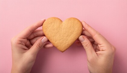 Heartfelt Cookie: A pair of hands delicately hold a heart-shaped cookie against a soft pink background, conveying warmth, love, and sweetness.  