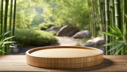 Bamboo Zen: A serene and minimalist wooden platform, crafted from natural bamboo, rests atop a wooden table.  The backdrop features a lush bamboo forest with a winding path and rocks.