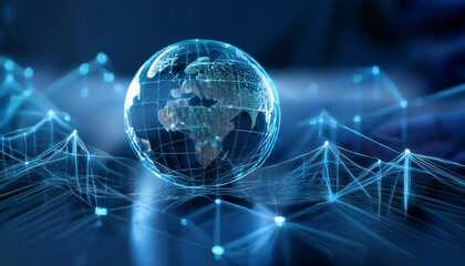 Global Network Connection: A crystal-clear globe rests on a complex network of glowing blue lines, symbolizing global connectivity and digital interconnectedness.  