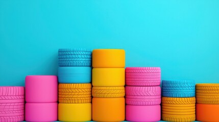 Always recycle, reuse, and seek renewal. Colorful stacked cylinders against a blue background.