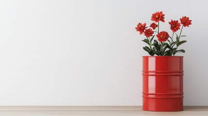 Always recycle, reuse, and seek renewal. Red barrel planter with vibrant flowers against a white wall.