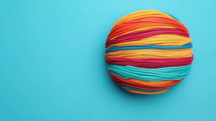 Fototapeta premium Always recycle, reuse, and seek renewal. Colorful yarn ball on a bright turquoise background.