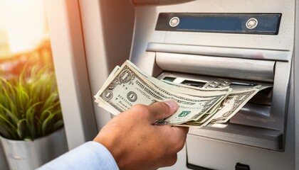 ATM Cash Withdrawal: Hand withdrawing US dollar bills from an ATM machine.  Financial transaction, banking, money