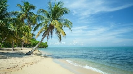 A cluster of palm trees swaying in the breeze on a tropical beach, with clear waters in the background.