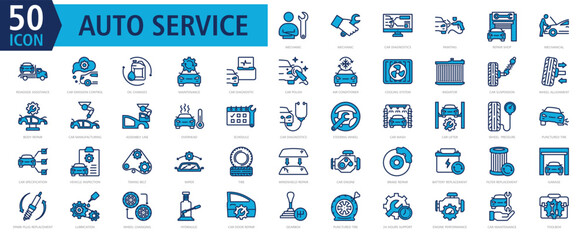 Auto Services Icon Set Blue with mechanic, car diagnostics, painting, repair shop, and roadside assistance