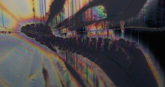 Display scratch. Monitor defect. Changing flickering broken pixels on modern TV surface. Deformation of broadcasting defocused glitch image from impact.