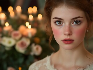 Fototapeta premium Young Woman with Freckles and Romantic Background
