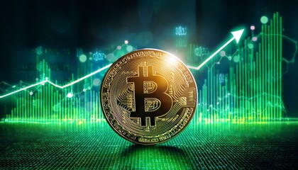 Bitcoin's Rise: A golden Bitcoin cryptocurrency coin rests on a dark surface, with a vibrant green upward trending graph in the background, symbolizing growth and financial success. 