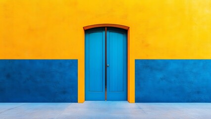 Brightly colored door against yellow and blue wall in urban setting