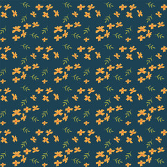 Seamless pattern of orange flowers and green leaves on dark background.