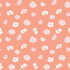 Floral pattern with pink roses and white blossoms on peach background.