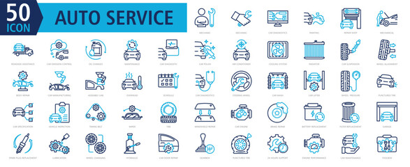 Auto Services Icon Set Outline Color with mechanic, car diagnostics, painting, repair shop, and roadside assistance