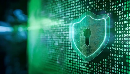 Digital Security:  A glowing shield with a keyhole, symbolizing data protection, cybersecurity, and digital privacy, is superimposed over a binary code background.  