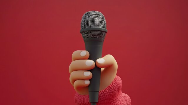 Hand holding a microphone against red backdrop