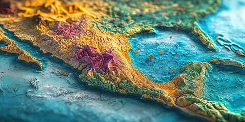 A colorful topographical map of Central America highlighting geographical features.
