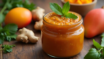 Close-Up of Freshly Made Chutney with Mango, Ginger, and Herbs